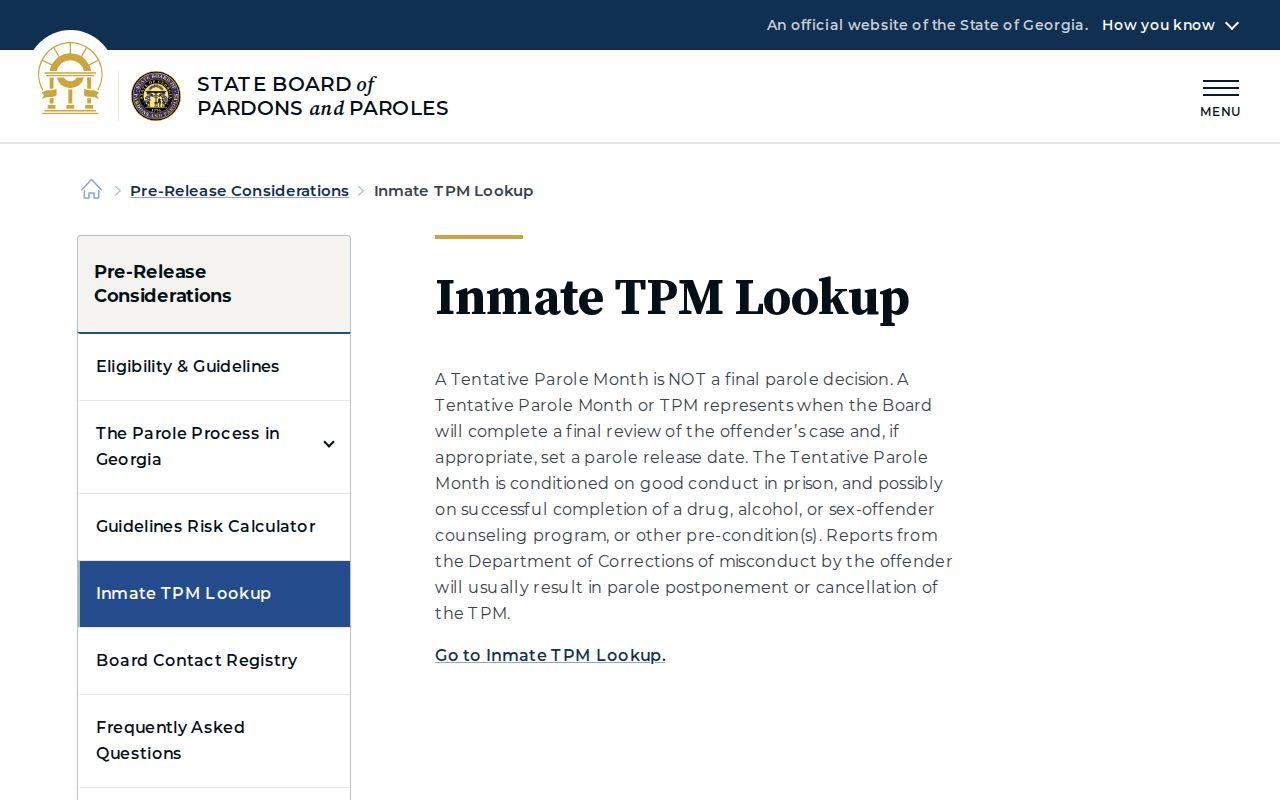 Georgia Parole Board Inmate TPM Lookup page